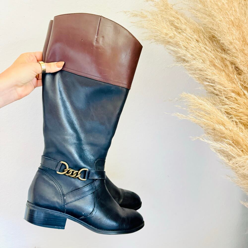 RALPH LAUREN Black Brown Two Tone Leather Zip Gold Knee High $225 Menna Boots 9